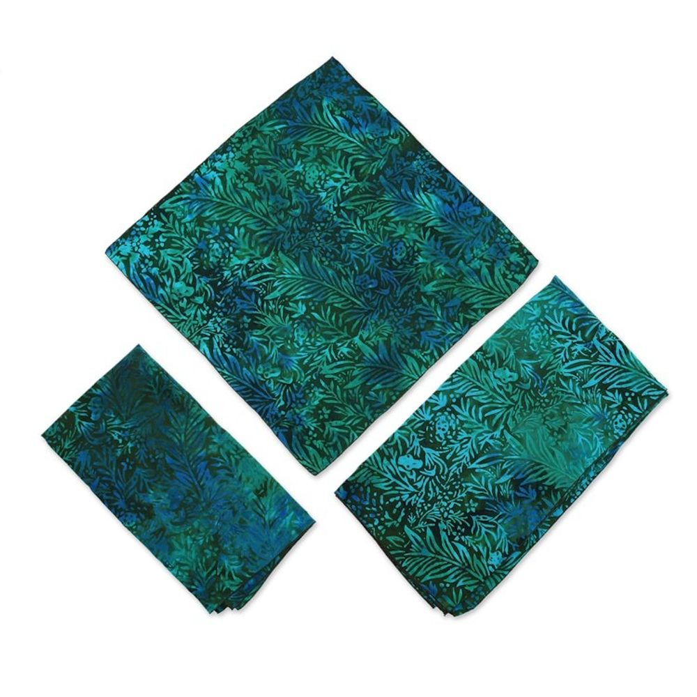 3 Upcycled Green and Blue Batik Furoshiki-Style Gift Wraps 'Green Leaf'