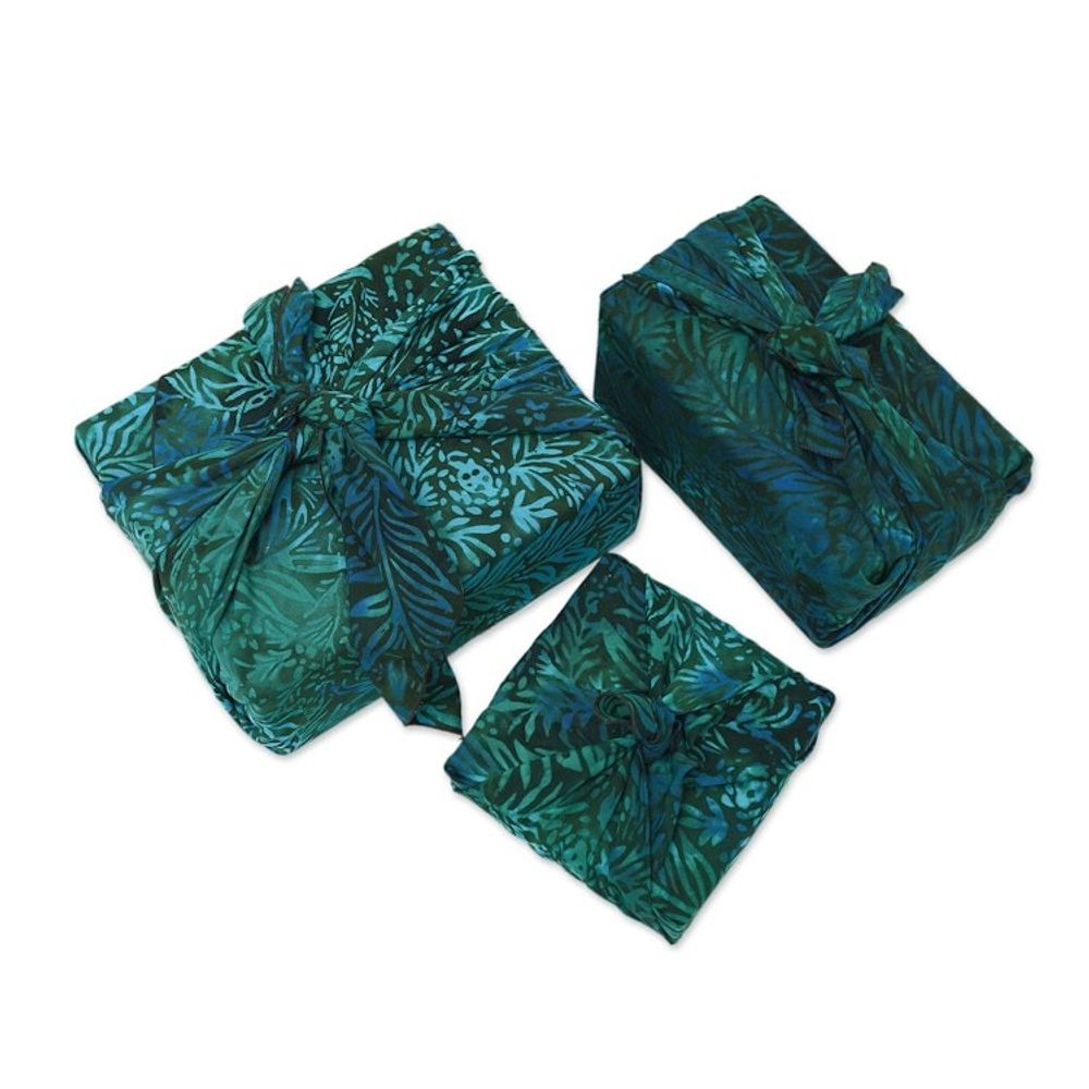 3 Upcycled Green and Blue Batik Furoshiki-Style Gift Wraps 'Green Leaf'