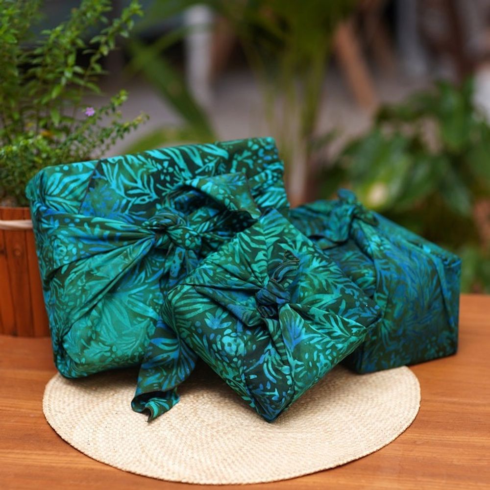 3 Upcycled Green and Blue Batik Furoshiki-Style Gift Wraps 'Green Leaf'