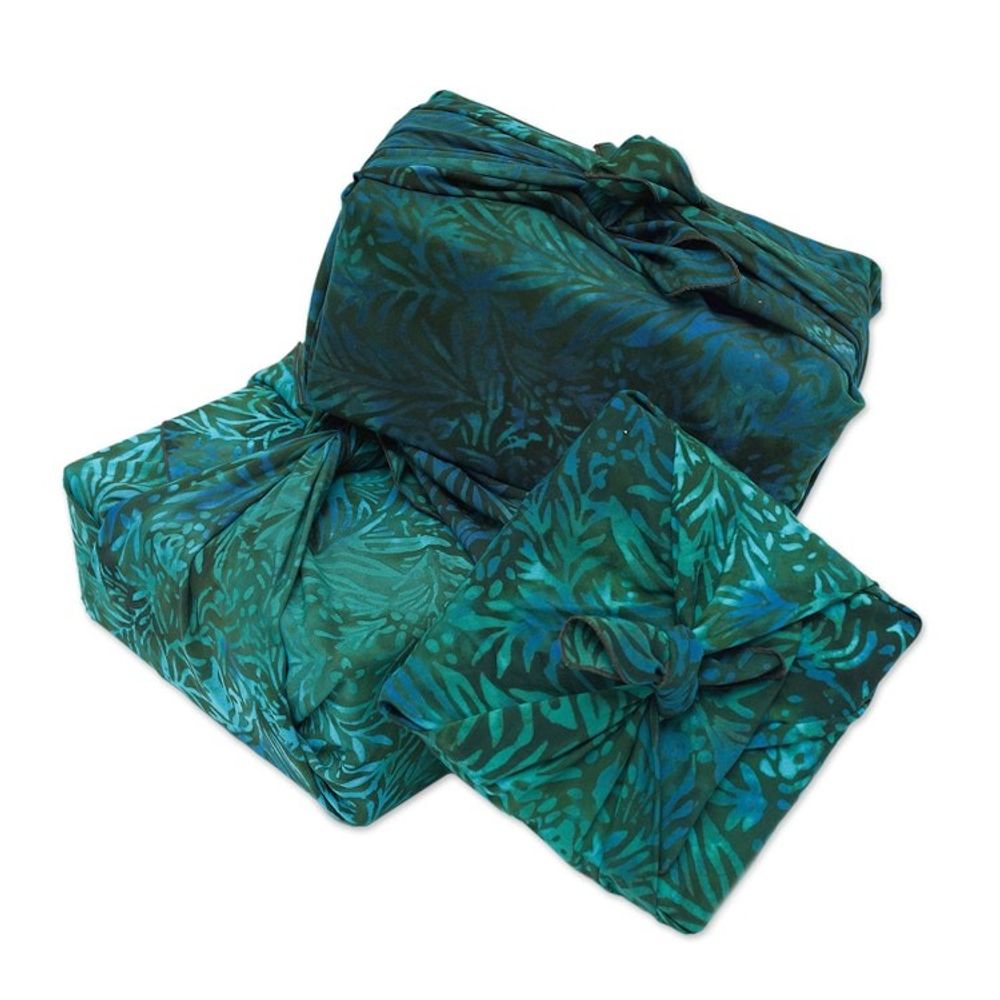 3 Upcycled Green and Blue Batik Furoshiki-Style Gift Wraps 'Green Leaf'