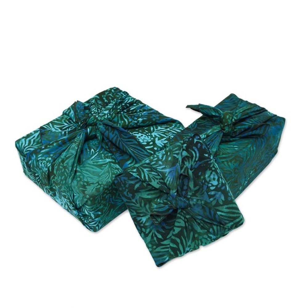 3 Upcycled Green and Blue Batik Furoshiki-Style Gift Wraps 'Green Leaf'